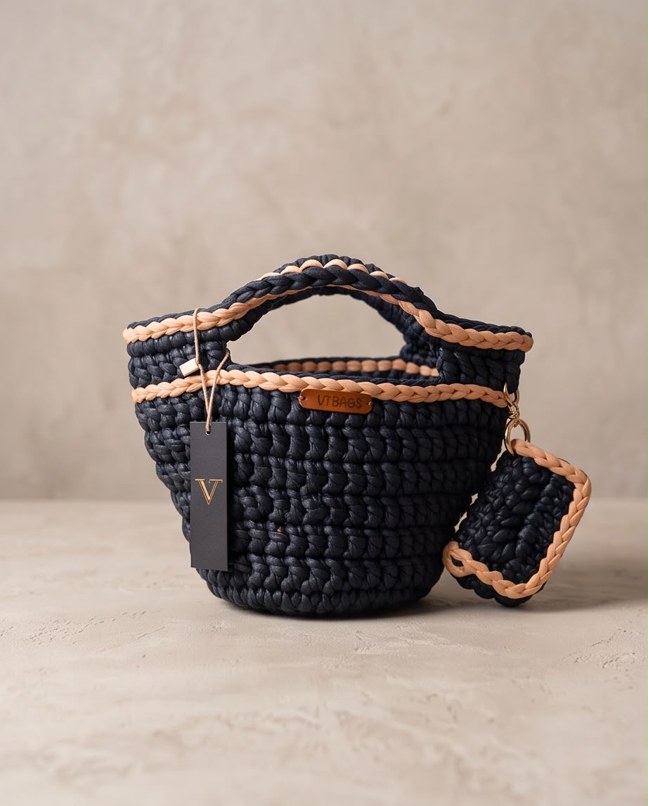 VTbags – Petrol Blue & Blush Pink Crochet Bag + Mini Pouch