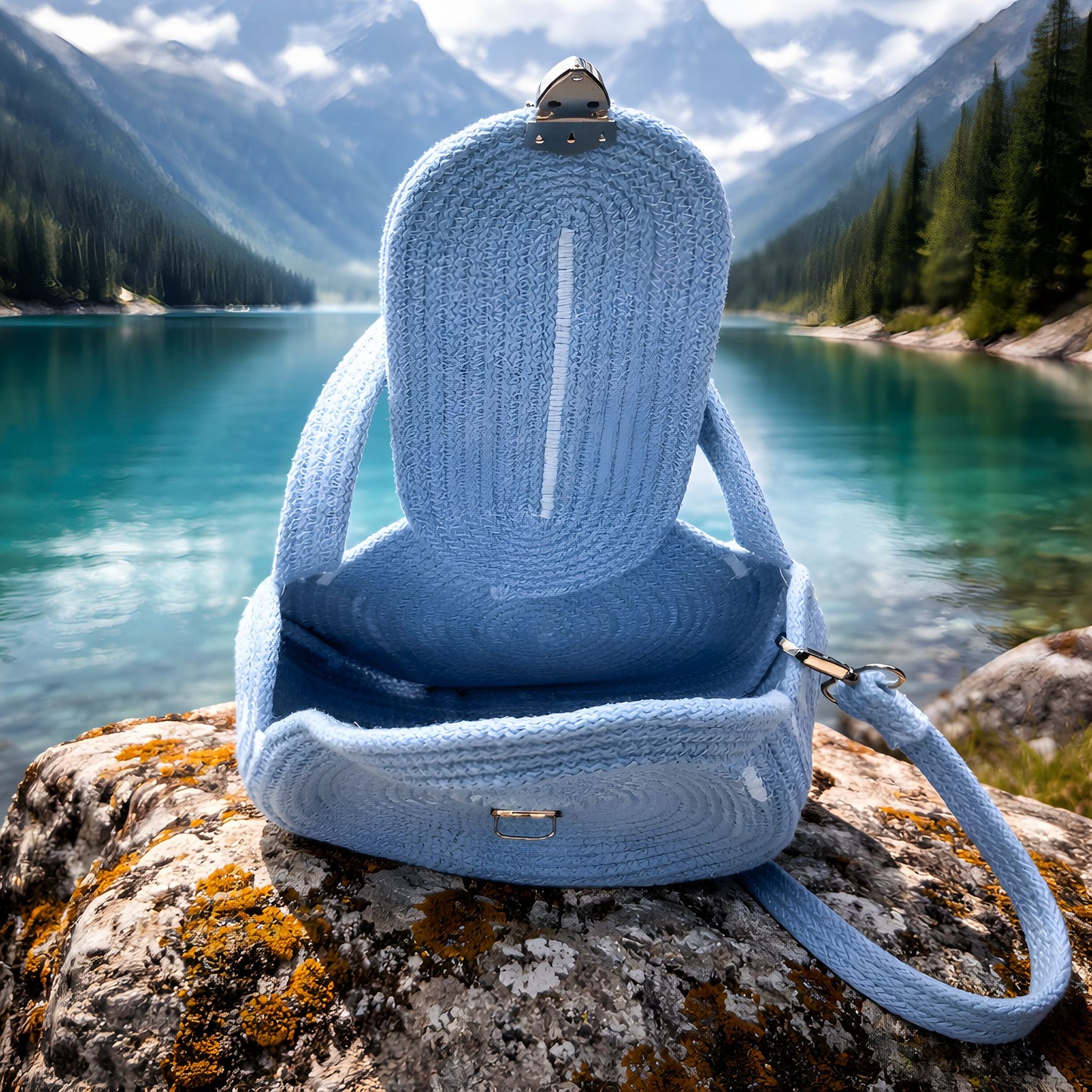 Round Powder Blue Handmade Bag with Shoulder Strap