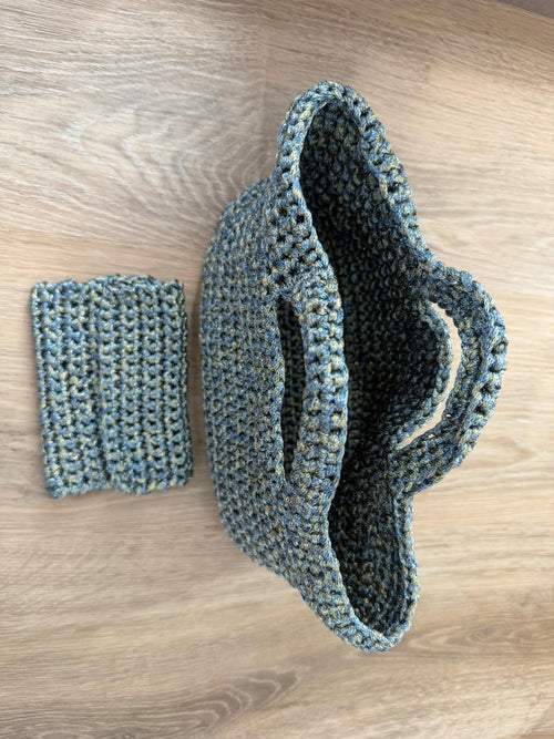 BORSA ARTIGIANALE CON PORTAMONETE COORDINATO – GRIGIO MELANGE CON RIFLESSI ORO