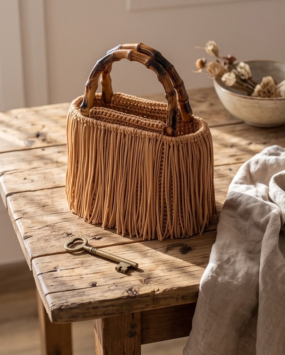 A woven straw handbag with a fringed lower section and a curved bamboo handle, displayed on a rustic wooden table with a vintage key and linen cloth nearby.