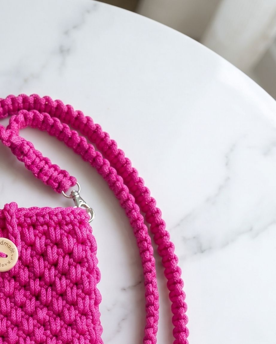 Handmade Crochet Phone Bag – Fuchsia Crossbody Mini VTBag