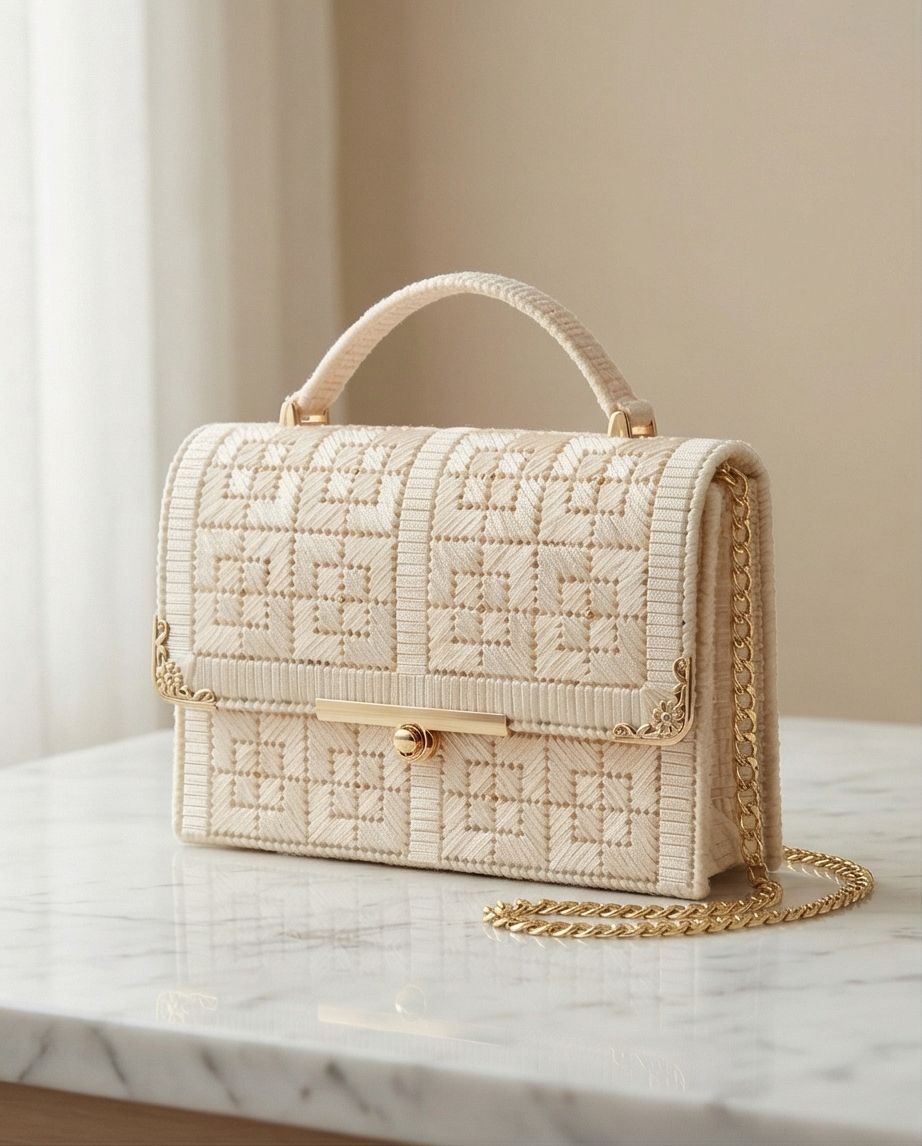 Ivory Luxury Handmade Bag – Borsa Elegante Artigianale con Catena Oro