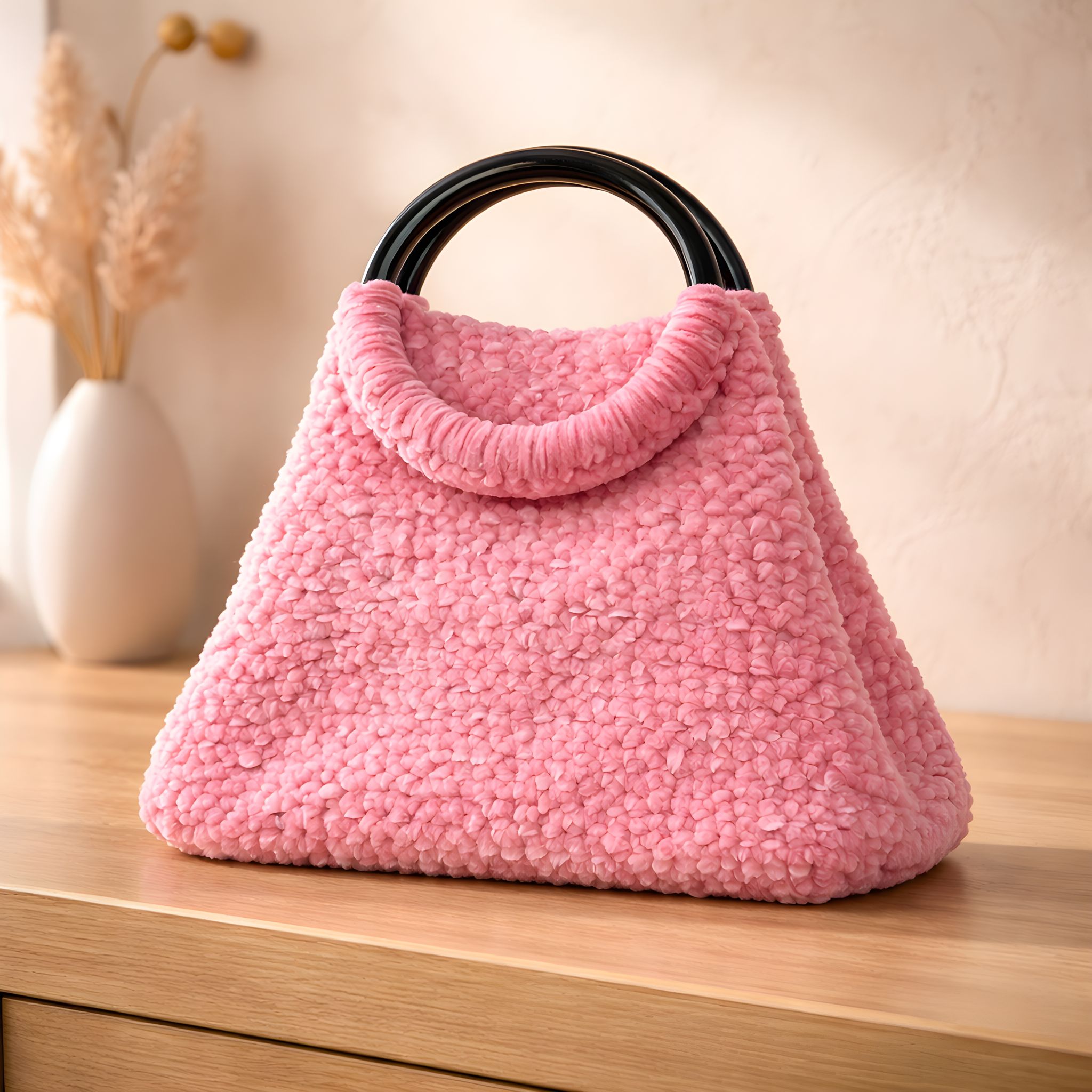 Borsa Handmade in Ciniglia Rosa con Manici Rigidi