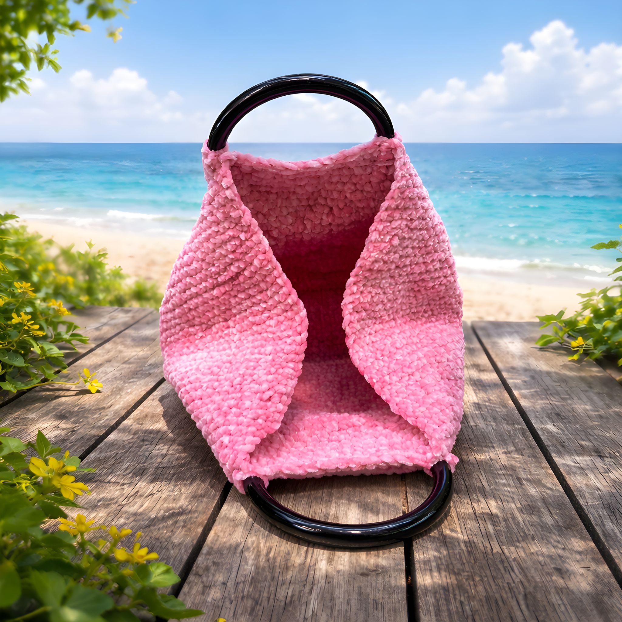 Borsa Handmade in Ciniglia Rosa con Manici Rigidi