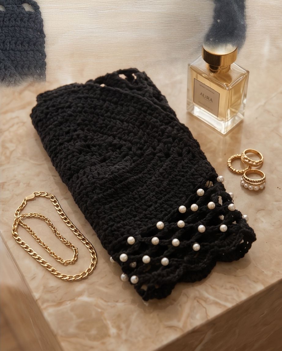 Midnight Pearl Crochet Top Handmade Statement