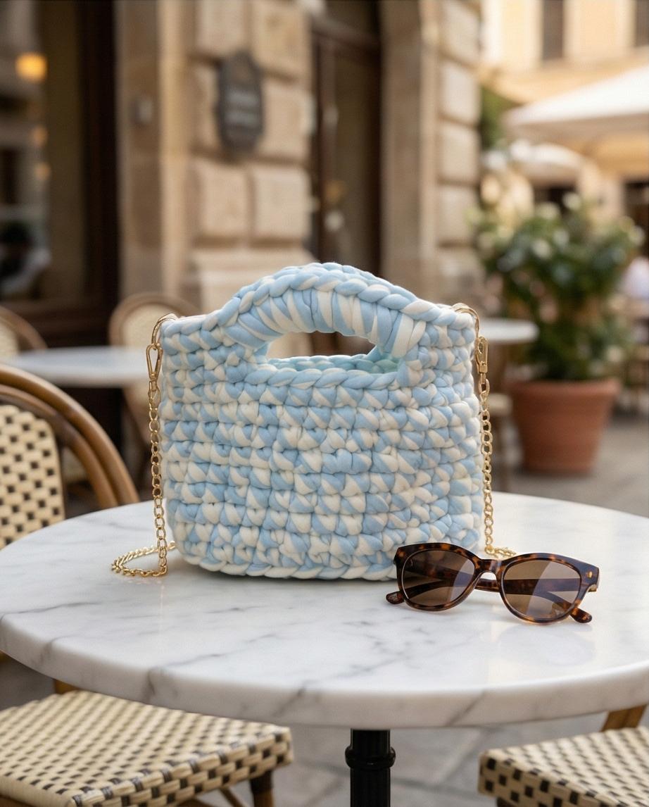 Mini Bag Handmade Azzurro Cielo con Catena Oro