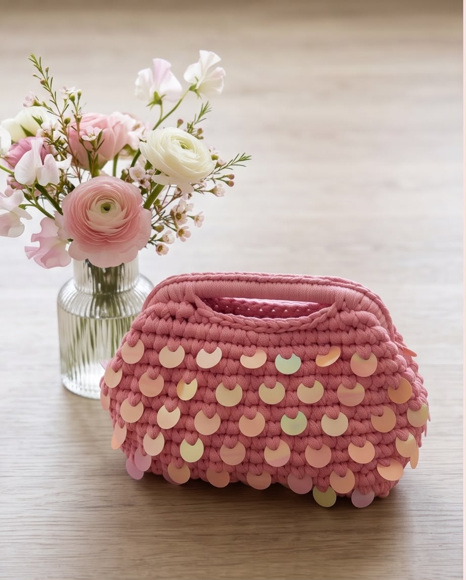 VTBags Pink Floral Handmade Crochet Clutch Bag