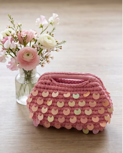 VTBags Pink Floral Handmade Crochet Clutch Bag