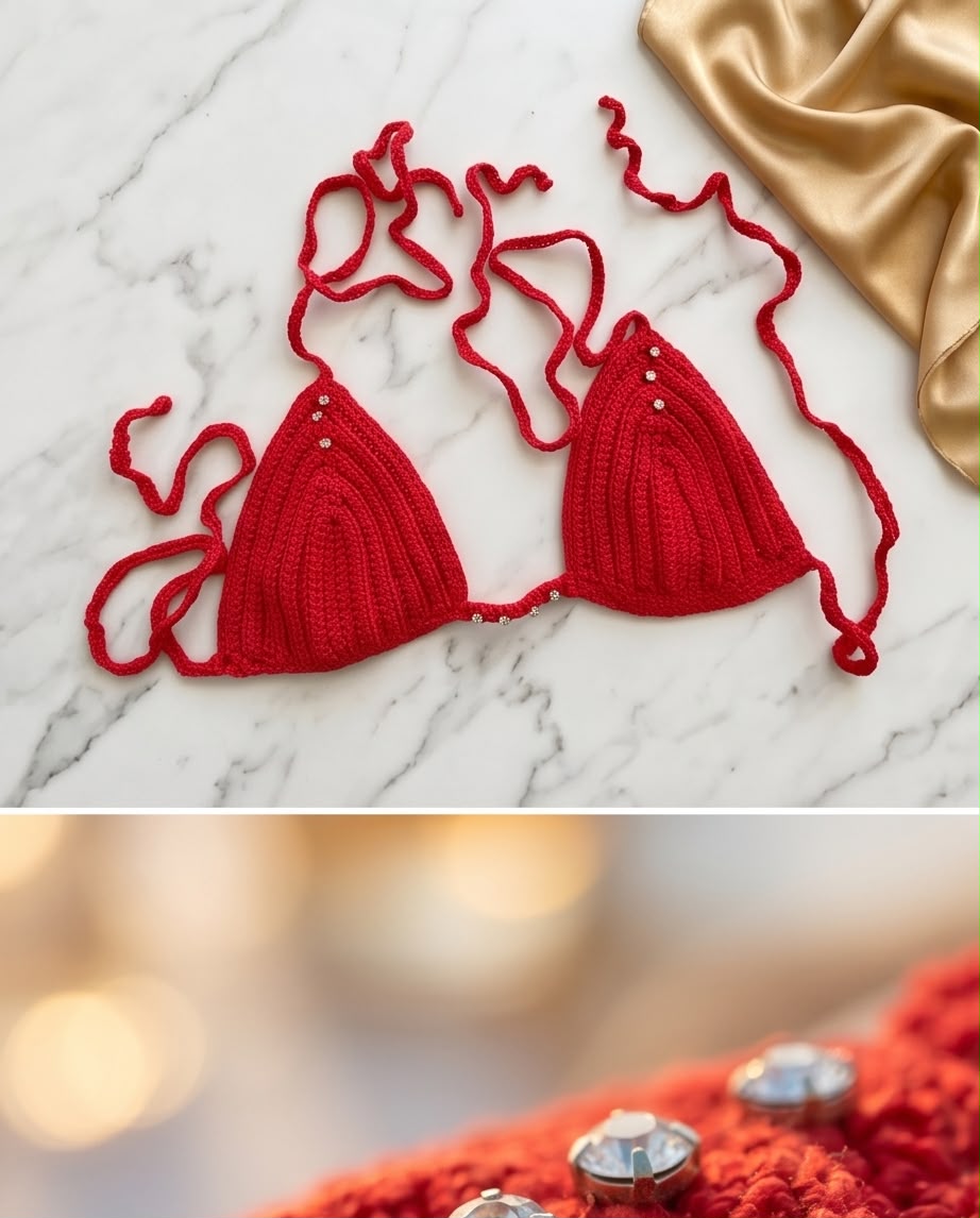 VTBags Red Crystal Crochet Bikini Top