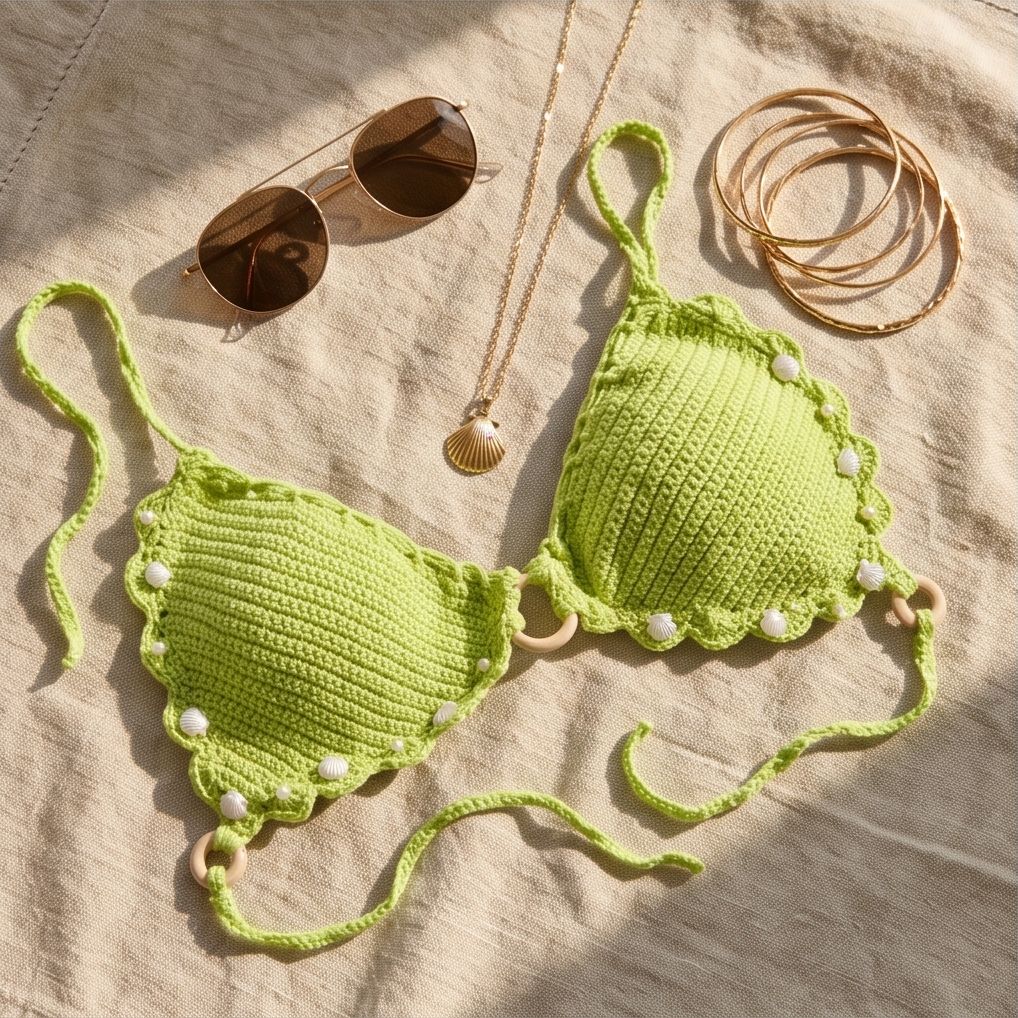 VTBags Lime Pearl Shell Handmade Crochet Bikini Top