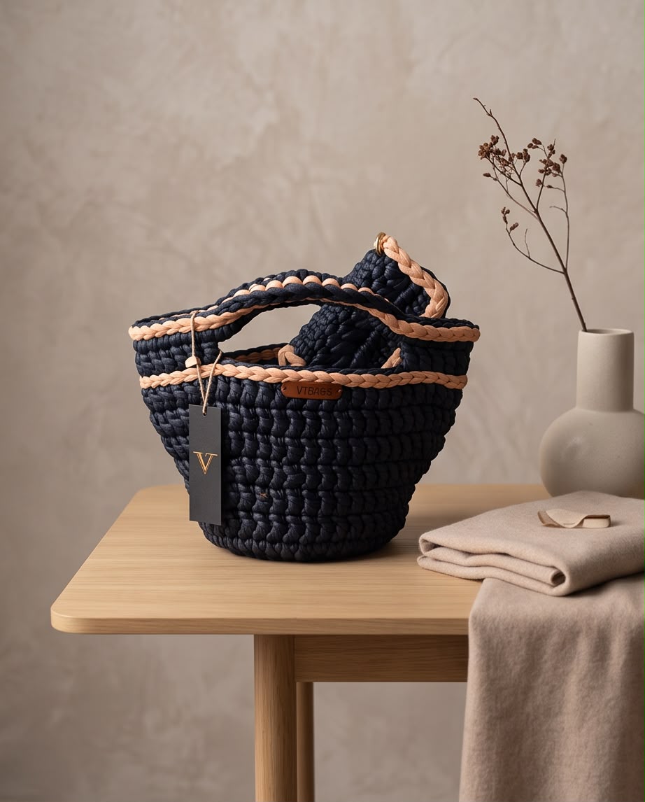 VTbags – Petrol Blue & Blush Pink Crochet Bag + Mini Pouch