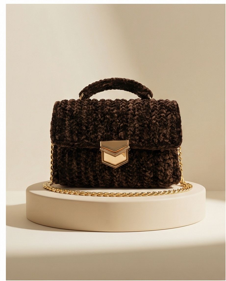 Elegant Brown Handmade Bag with Gold Chain